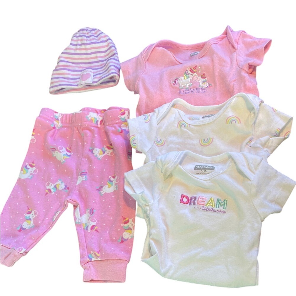 Baby Girl Unicorn Rainbow Outfit 5 lot Bodysuit‎ Pants Hat 0 3 Months